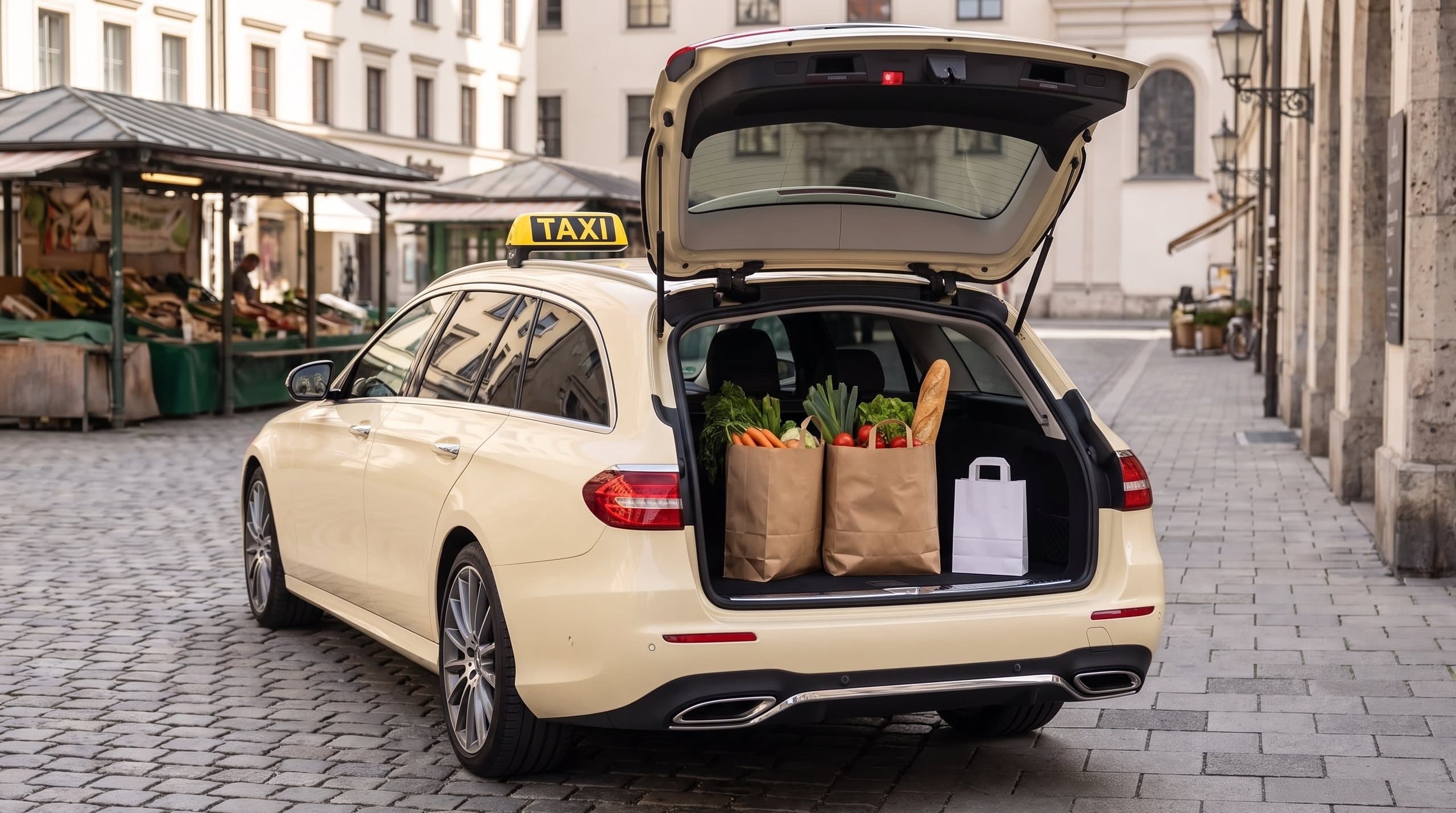 Kombi-Taxi mit geöffneter Heckklappe, im Laderaum Einkaufstüten mit Gemüse und eine Apothekentüte, Altstadtgasse mit Marktständen
