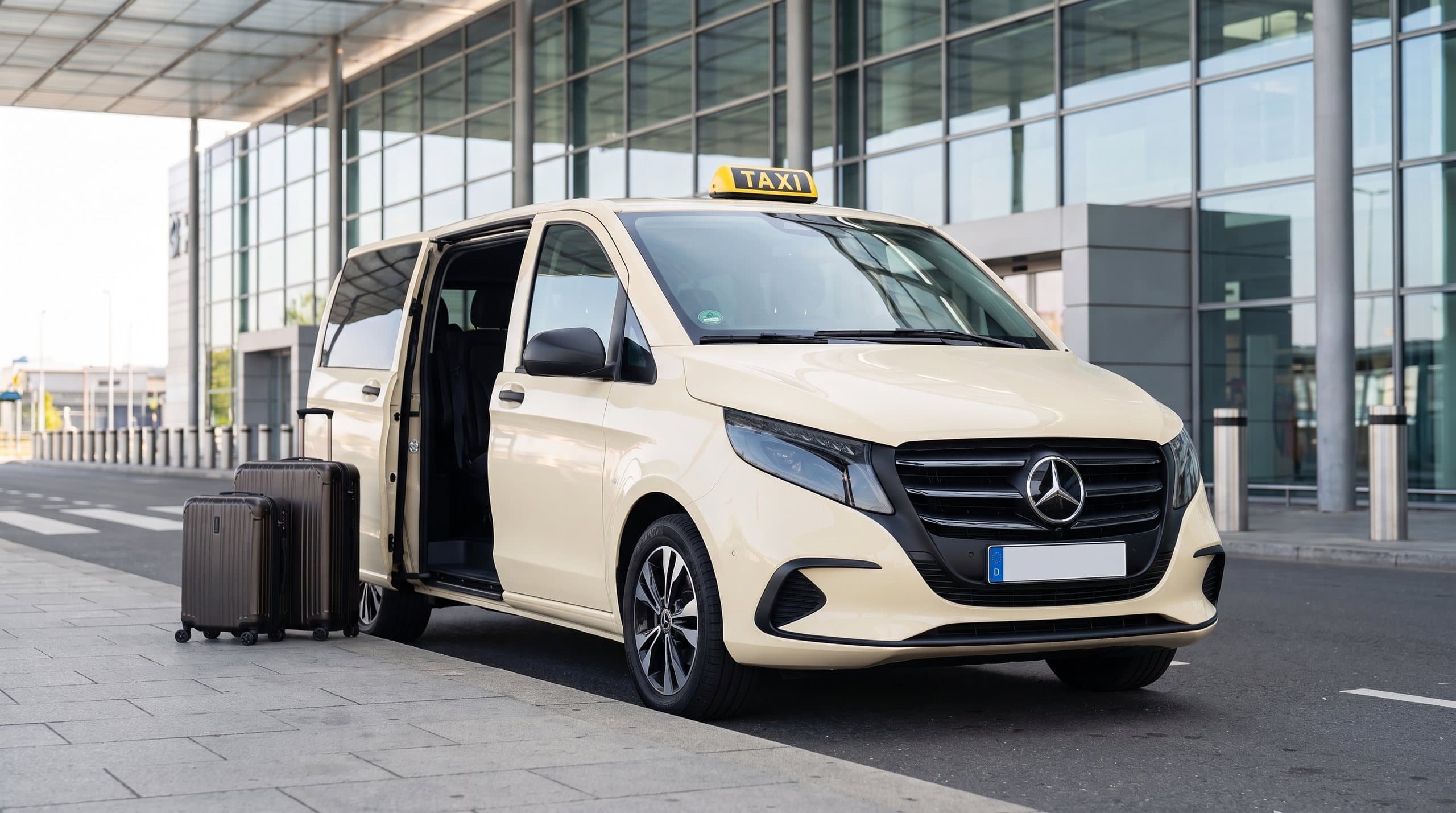 Großraumtaxi mit geöffneter Schiebetür und zwei Koffern vor einem gläsernen Flughafenterminal am Morgen